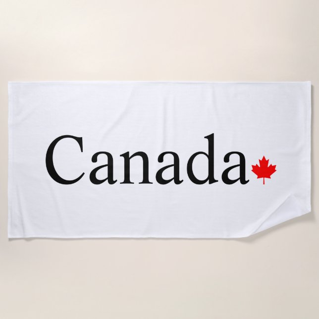 Canada typography with red maple leaf white beach towel (Front)