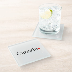 Canada typography with red maple leaf white glass coaster