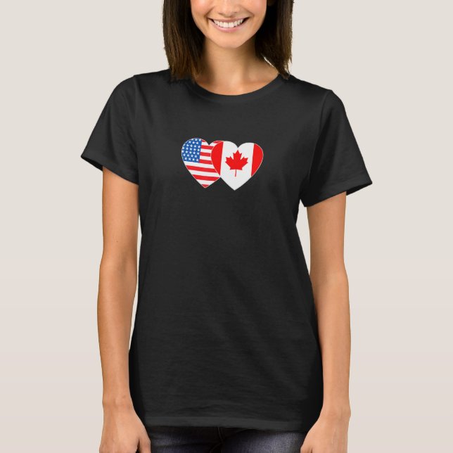 Canada & USA Flag Twin Heart for Canadian American T-Shirt (Front)
