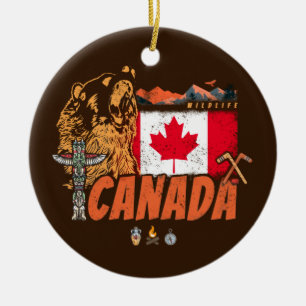 Canada Vintage Flag And Grizzly Bear Holiday Ceramic Ornament