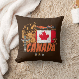 Canada Vintage Flag And Grizzly Bear Holiday Cushion