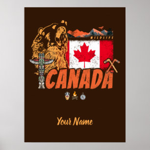 Canada vintage flag and grizzly bear souvenir poster