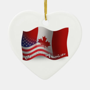 Canadian-American Waving Flag Ceramic Ornament
