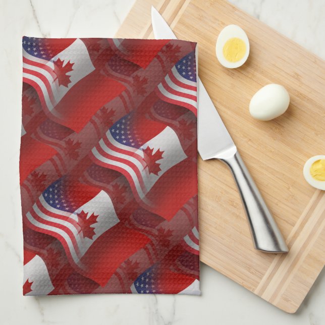 Canadian-American Waving Flag Tea Towel (Quarter Fold)