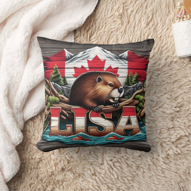 Canadian Beaver Amongst Trees and Mountains Cushion (Blanket)