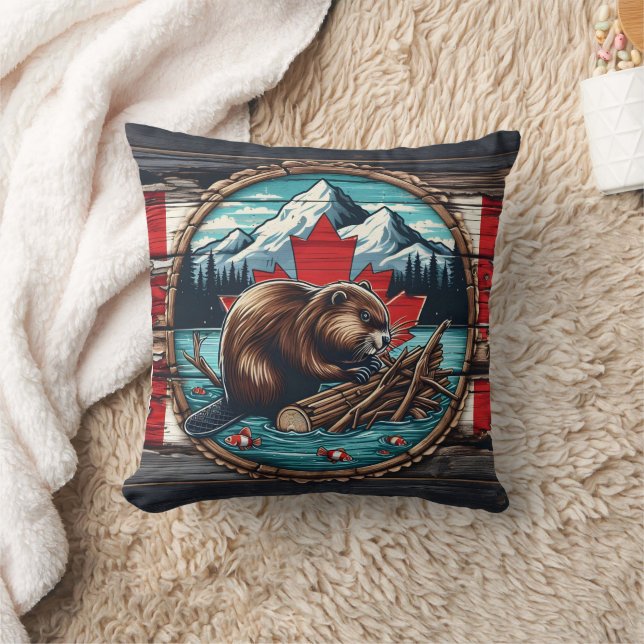 Canadian Beaver Building a Dam by Mountain Lake Cushion (Blanket)