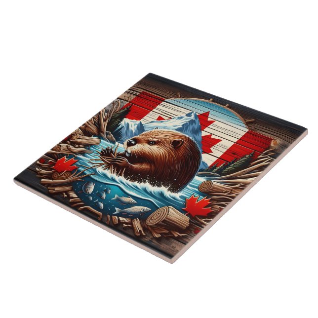 Canadian Beaver Building a Dam in Autumn River Ceramic Tile (Side)