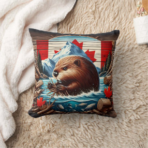 Canadian Beaver Building a Dam in Autumn River Cushion