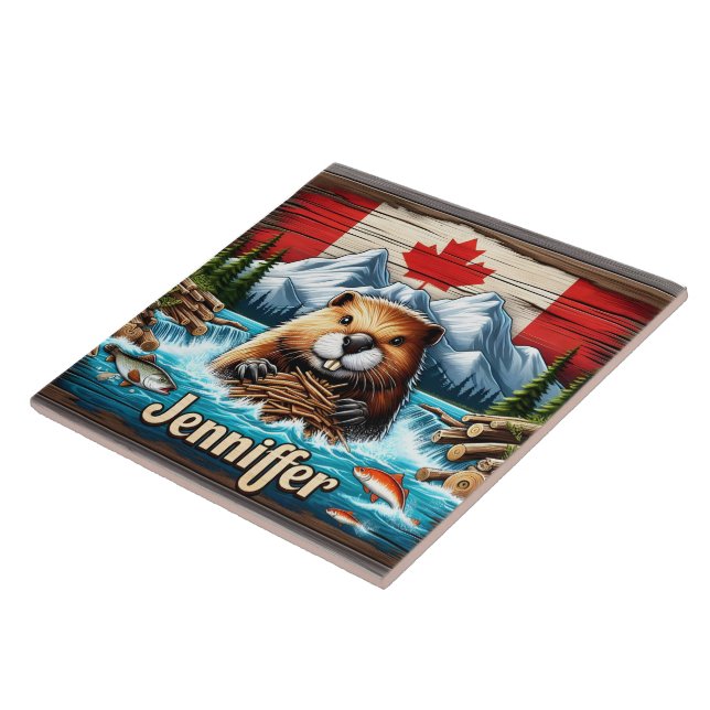 Canadian Beaver Building a Dam in Mountain Stream Ceramic Tile (Side)