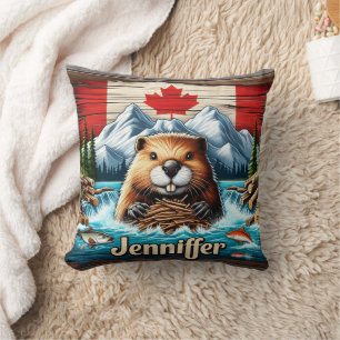 Canadian Beaver Building a Dam in Mountain Stream Cushion