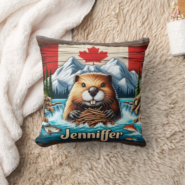 Canadian Beaver Building a Dam in Mountain Stream Cushion (Blanket)