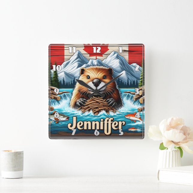 Canadian Beaver Building a Dam in Mountain Stream Square Wall Clock (Home)