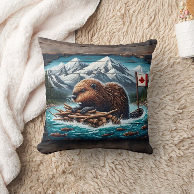 Canadian Beaver Building a Lodge Cushion (Blanket)