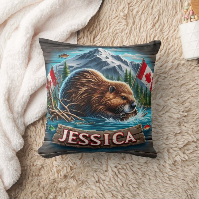 Canadian Beaver Building a Lodge in Water Cushion (Blanket)