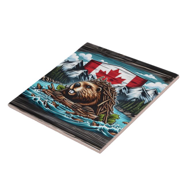 Canadian Beaver Building Dam in Rocky Landscape Ceramic Tile (Side)
