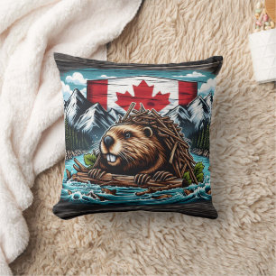 Canadian Beaver Building Dam in Rocky Landscape Cushion
