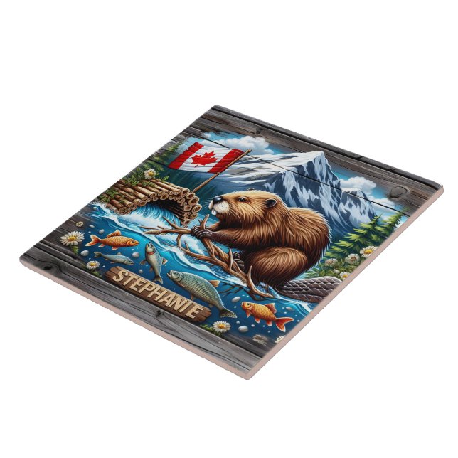 Canadian Beaver Building Dam Near Mountain Stream Ceramic Tile (Side)