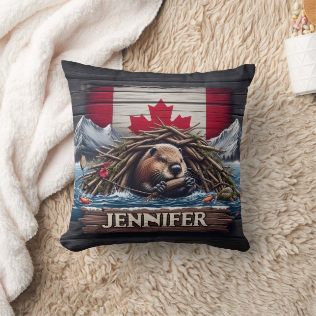 Canadian Beaver Building Dam Near Mountains Cushion (Blanket)