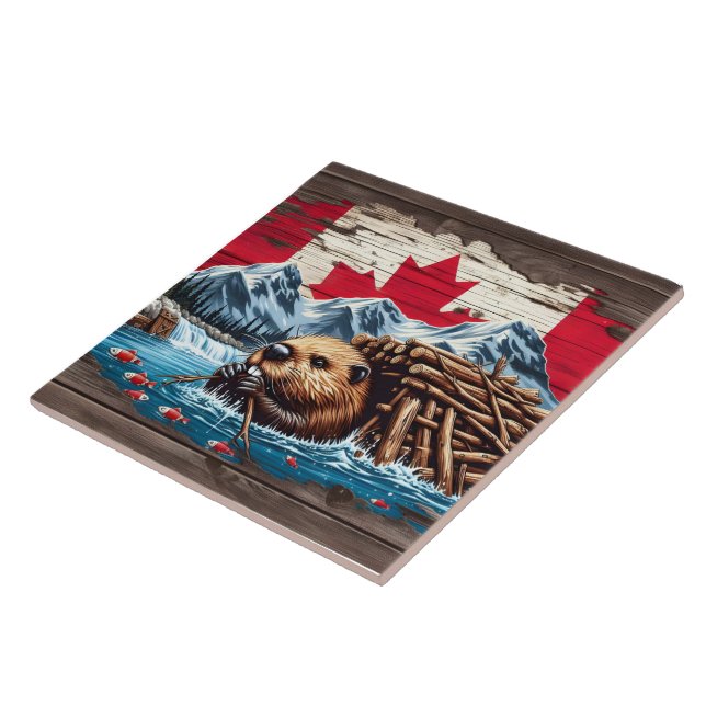 Canadian Beaver Building Its Lodge by Water Ceramic Tile (Side)