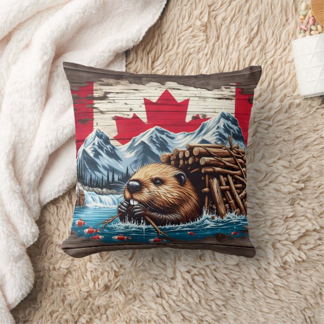 Canadian Beaver Building Its Lodge by Water Cushion (Blanket)