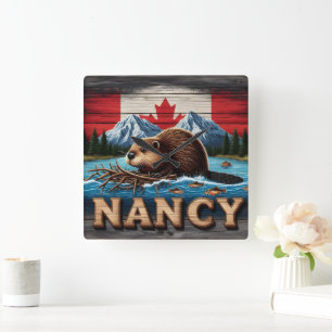 Canadian Beaver Builds Nest Near Mountain Lake Square Wall Clock