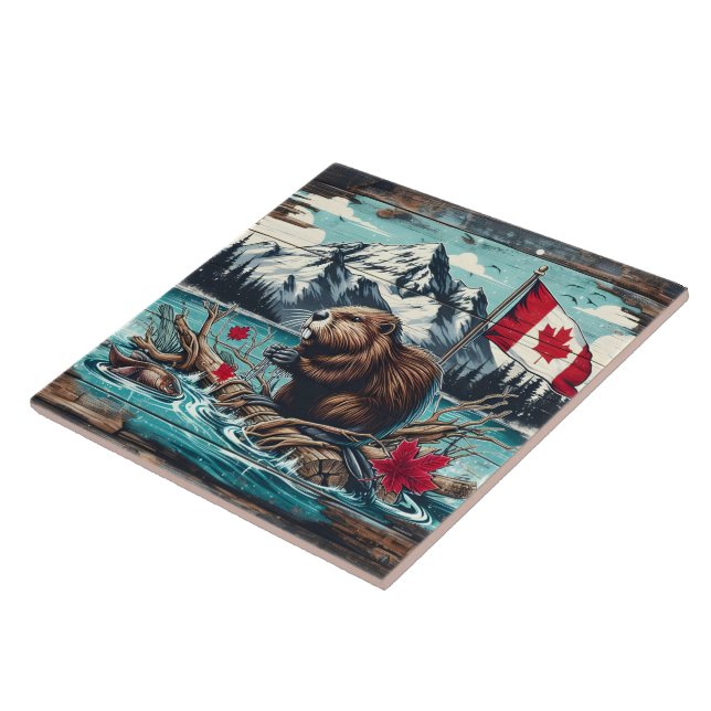 Canadian Beaver by Lake With Mountain Backdrop Ceramic Tile (Side)