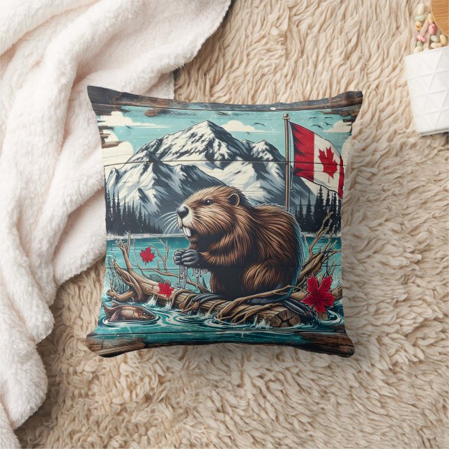 Canadian Beaver by Lake With Mountain Backdrop Cushion (Blanket)