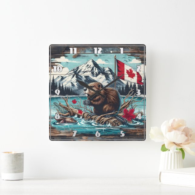 Canadian Beaver by Lake With Mountain Backdrop Square Wall Clock (Home)