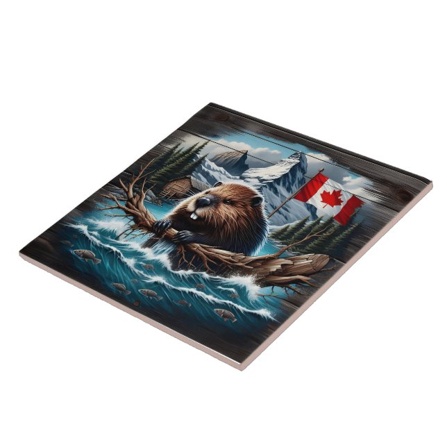 Canadian Beaver by Lake With Mountains and Flag Ceramic Tile (Side)