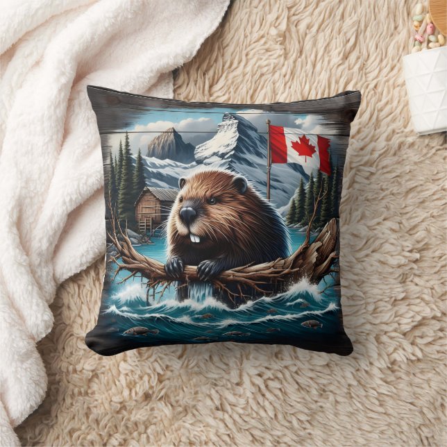 Canadian Beaver by Lake With Mountains and Flag Cushion (Blanket)