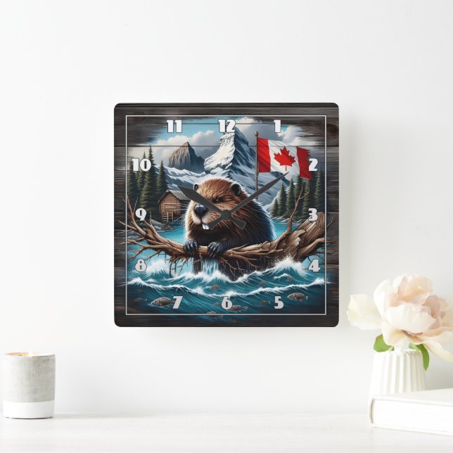 Canadian Beaver by Lake With Mountains and Flag Square Wall Clock (Home)