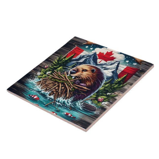 Canadian Beaver by Snowy Peaks Ceramic Tile (Side)