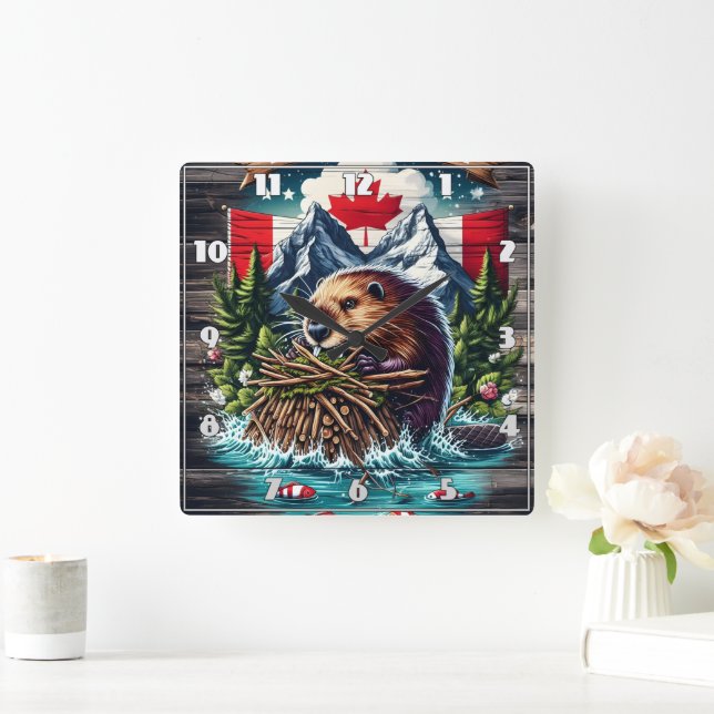 Canadian Beaver by Snowy Peaks Square Wall Clock (Home)