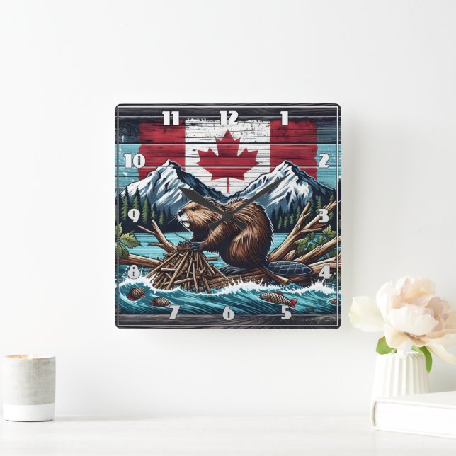 Canadian Beaver by the Flag and Mountains Square Wall Clock (Home)
