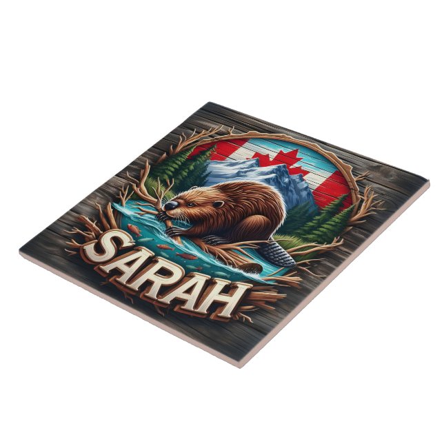 Canadian Beaver by Water With Mountains and Trees Ceramic Tile (Side)
