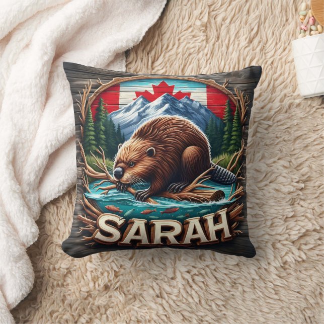 Canadian Beaver by Water With Mountains and Trees Cushion (Blanket)