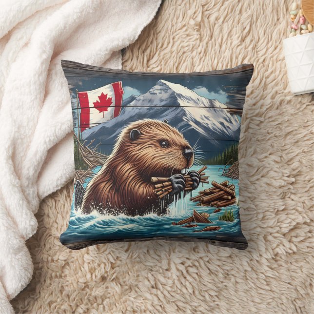 Canadian Beaver Collecting Sticks Near Mountains Cushion (Blanket)