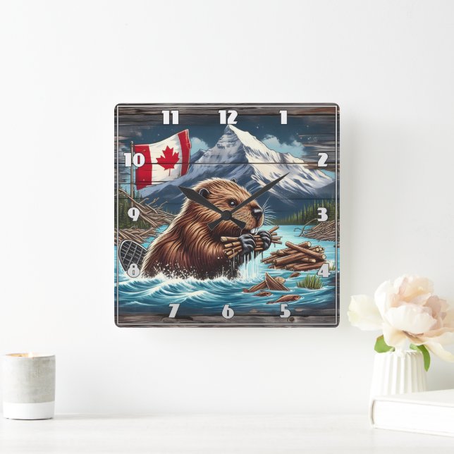 Canadian Beaver Collecting Sticks Near Mountains Square Wall Clock (Home)