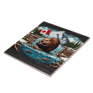 Canadian Beaver, Flag, Mountain, Ocean Ceramic Tile