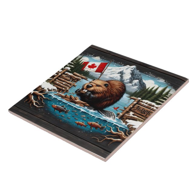 Canadian Beaver, Flag, Mountain, Ocean Ceramic Tile (Side)