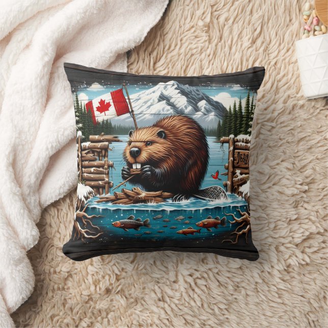Canadian Beaver, Flag, Mountain, Ocean Cushion (Blanket)