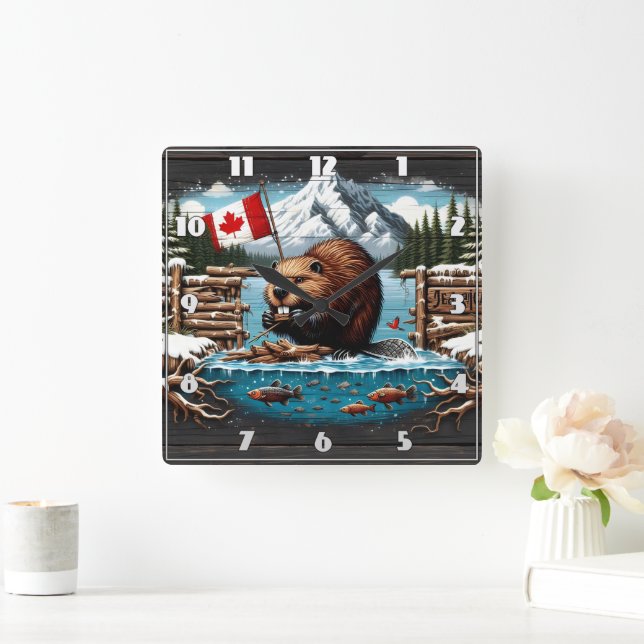 Canadian Beaver, Flag, Mountain, Ocean Square Wall Clock (Home)