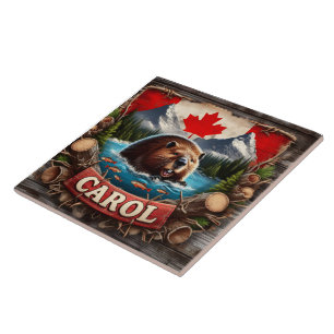 Canadian Beaver, Flag, Mountain View Ceramic Tile