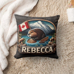 Canadian Beaver Holding Log by Canadian Flag Cushion