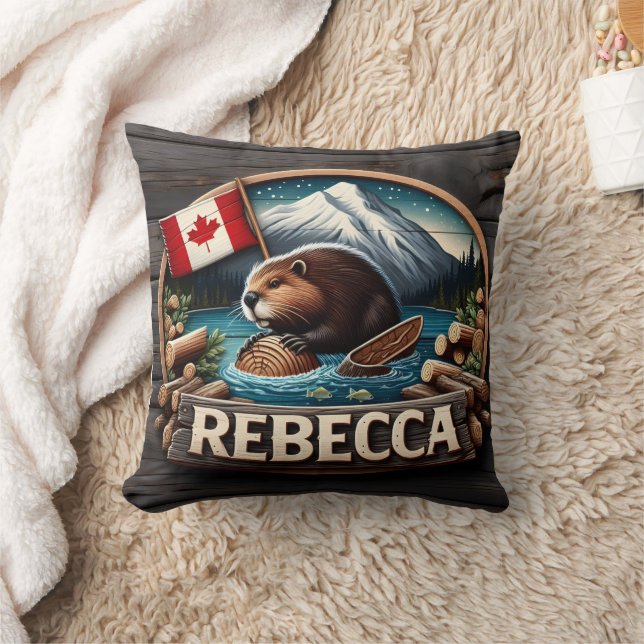 Canadian Beaver Holding Log by Canadian Flag Cushion (Blanket)