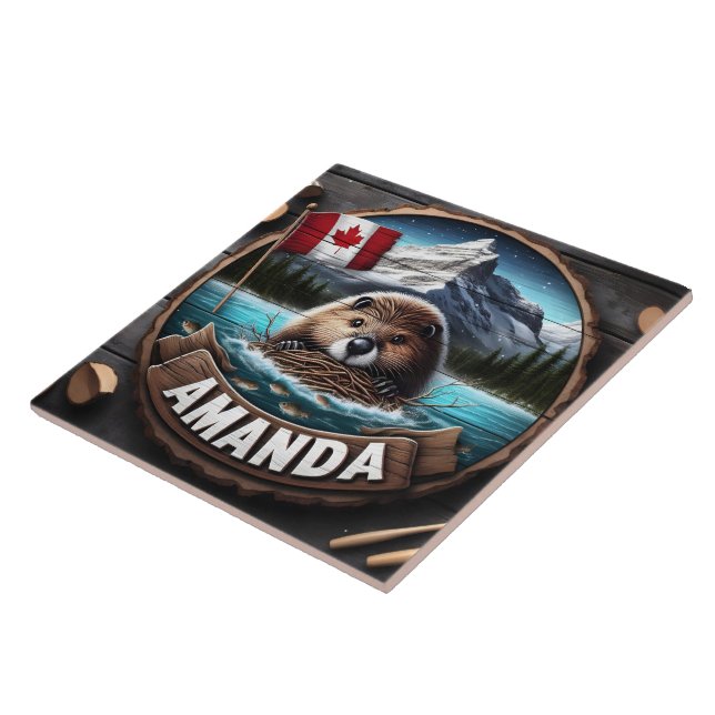 Canadian Beaver Holding Nesting Material by Lake Ceramic Tile (Side)