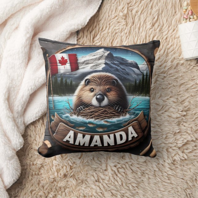 Canadian Beaver Holding Nesting Material by Lake Cushion (Blanket)