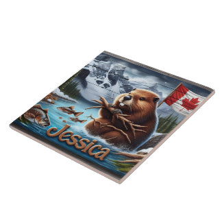 Canadian Beaver Holding Sticks by a Lake Ceramic Tile