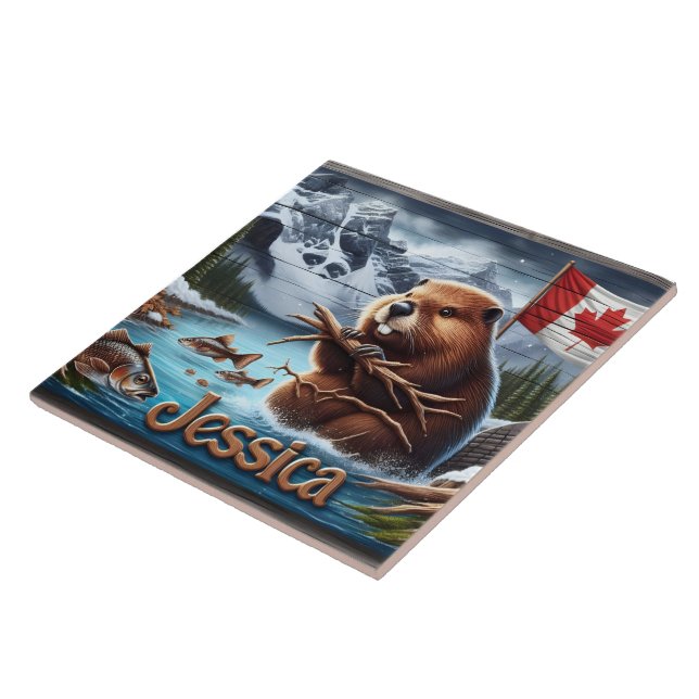 Canadian Beaver Holding Sticks by a Lake Ceramic Tile (Side)