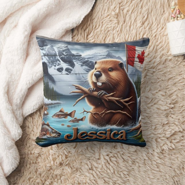 Canadian Beaver Holding Sticks by a Lake Cushion (Blanket)